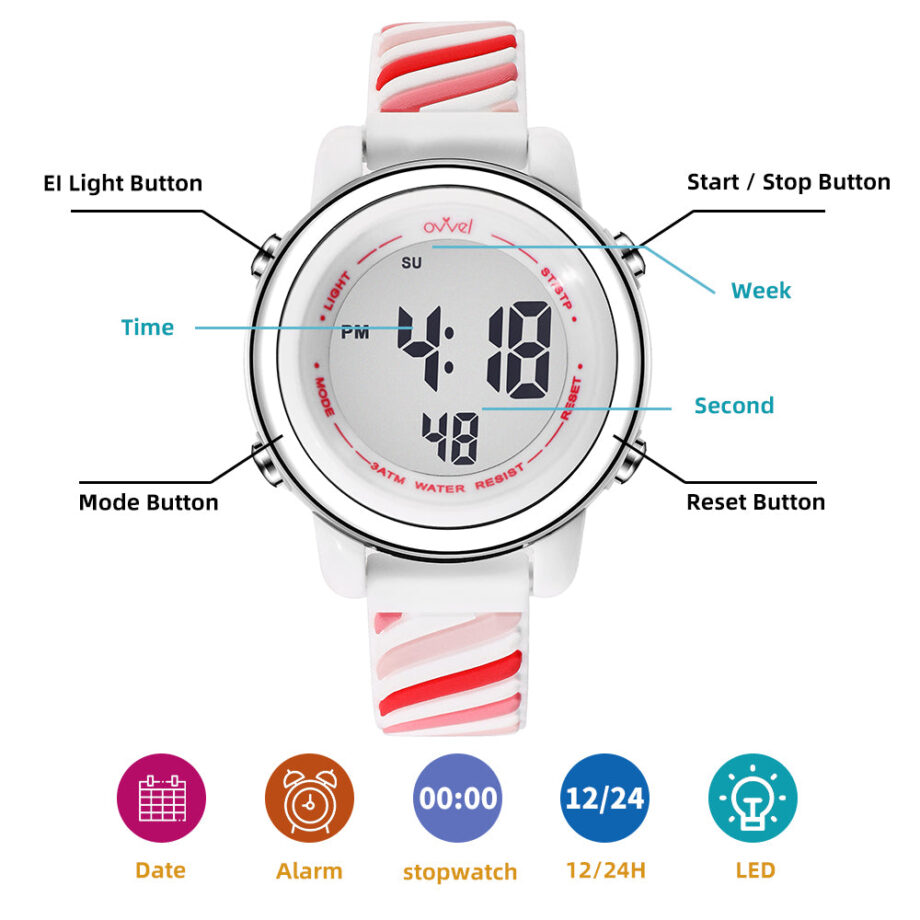 Wideappeal Girls Digital Sports Watch – Multi-Function Pink Swirl Design